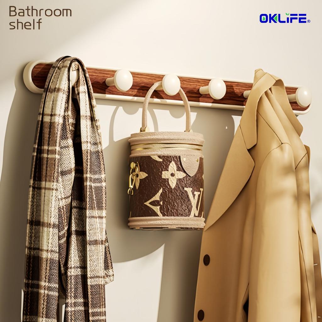 Home Wall Organizer Hook Rack Wood Grain No‑Punch Adhesive Wall Hanger for Entryway Daily Items view 6