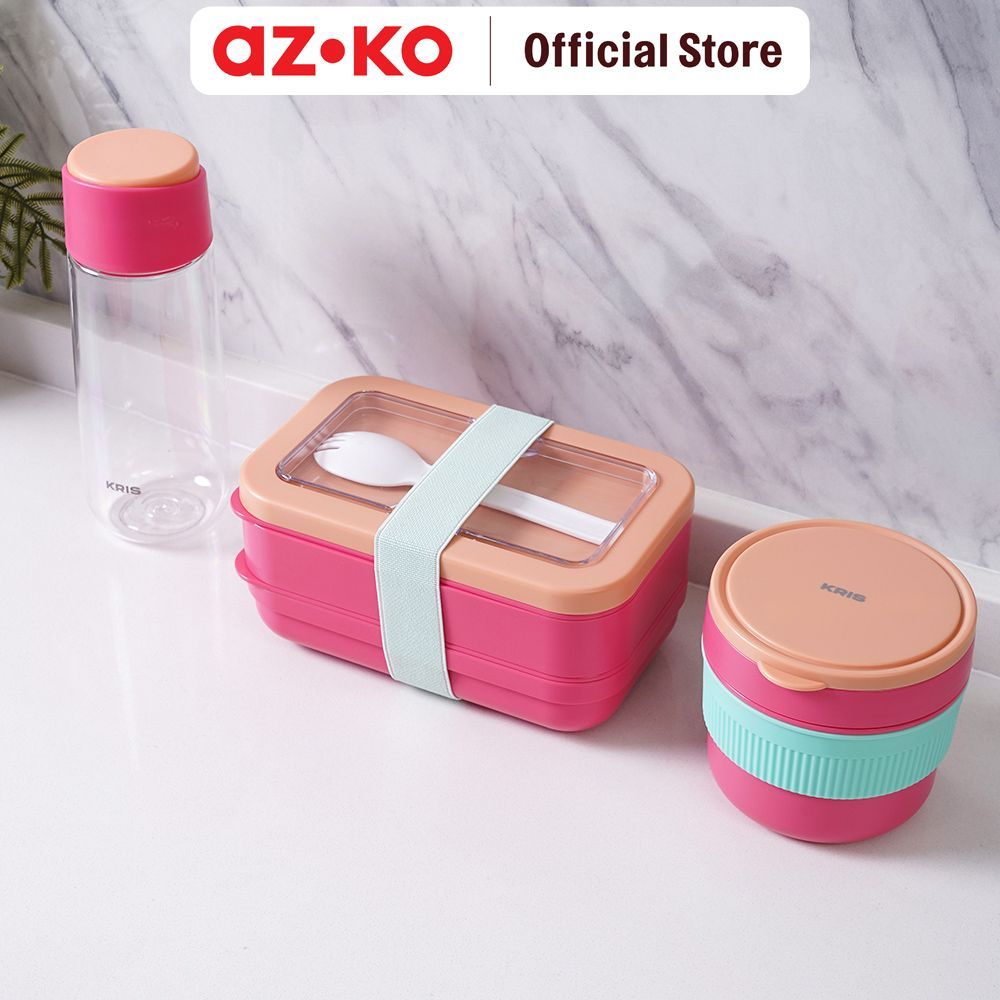 AZKO Kris Baggie Set Kotak Makan Dengan Botol Minum Plastik - Pink Bento Box Meal Box Tempat Bekal Lunch Box Kotak Bekal - Gambar 2