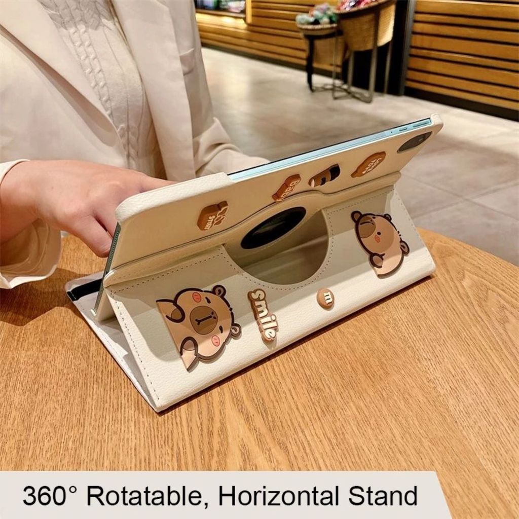 Cute Cartoon Capybara Leather Flip  iPad Gen 11th Gen 10 10.9" Air 4/5/6 10.9" Pro 11 Inch 360 Rotatable Stand  Mini 1 2 3 4 5 6 7 - Gambar 2