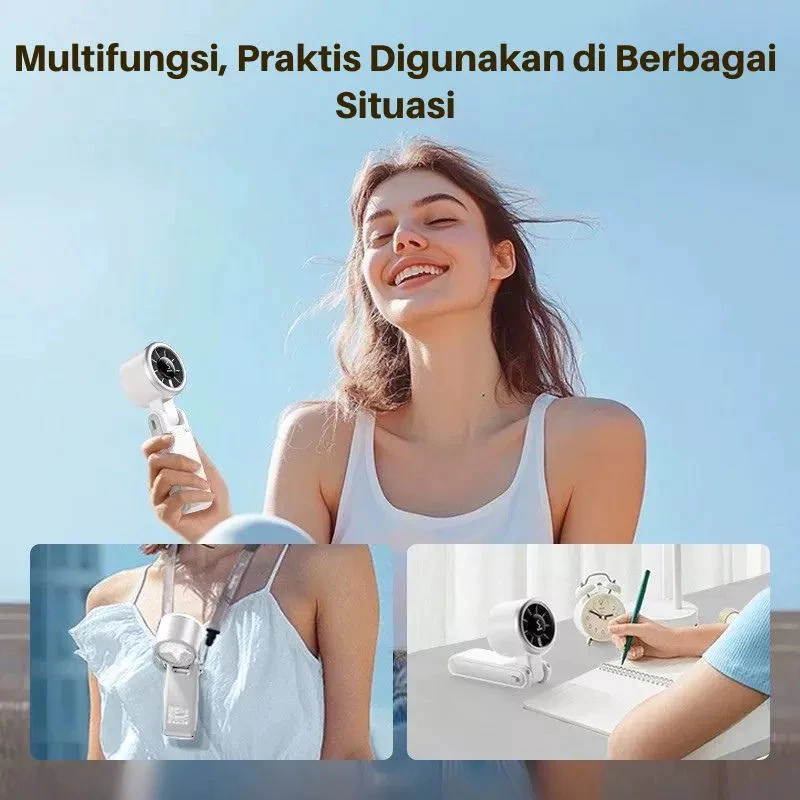 Kipas Angin Tampilan Digital LED 5 Speeds Adjustable Pendinginan Cepat Strong Foldable Neck Hanging - Gambar 3