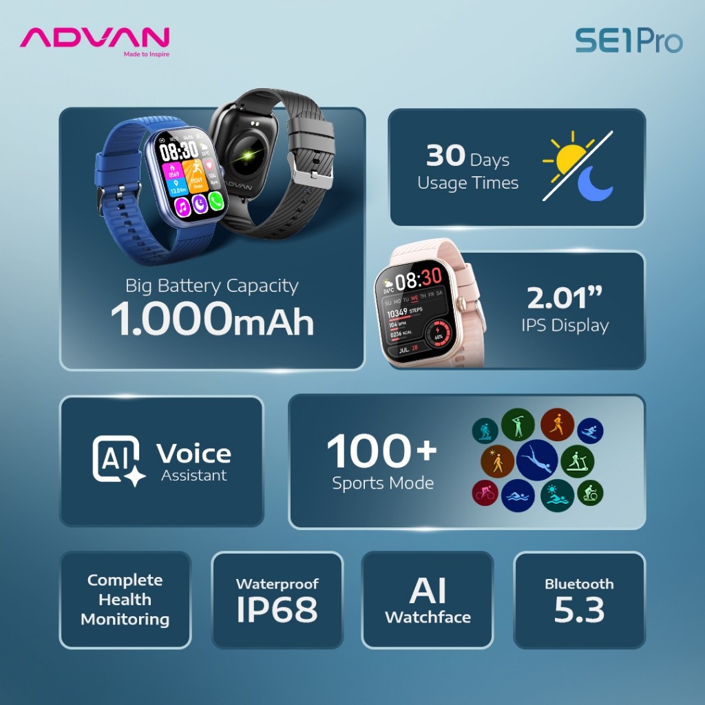 ADVAN Smartwatch SE1 / SE-1 / SE 1 Pro Baterai 1000mAh Bluetooth Call AI Watch Face 100+ Sports Mode Layar IPS 2.01” Waterproof IP68 - Gambar 3
