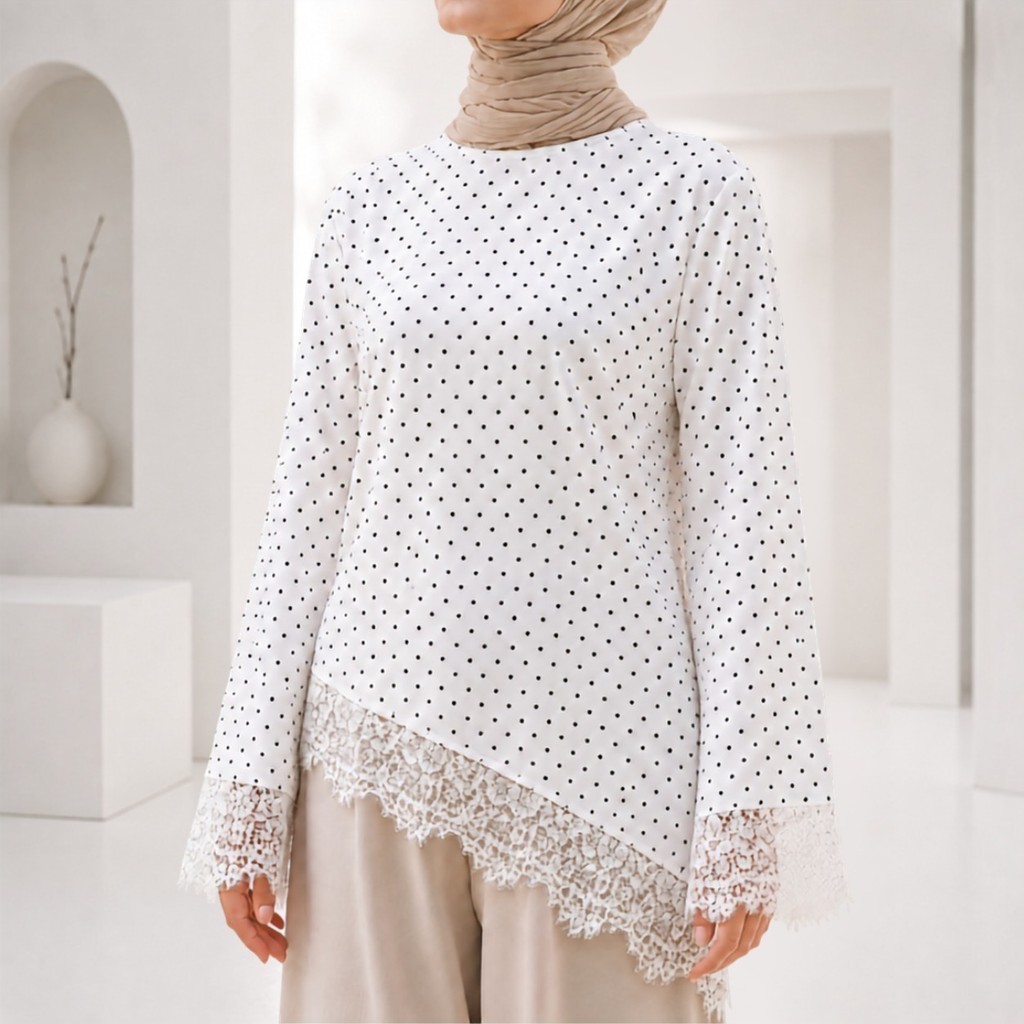Femes Selena Blouse Silk Lace Top Polka Asimetris Long Sleeve Satin Lengan Panjang Wanita Aesthetic Korea - Gambar 2