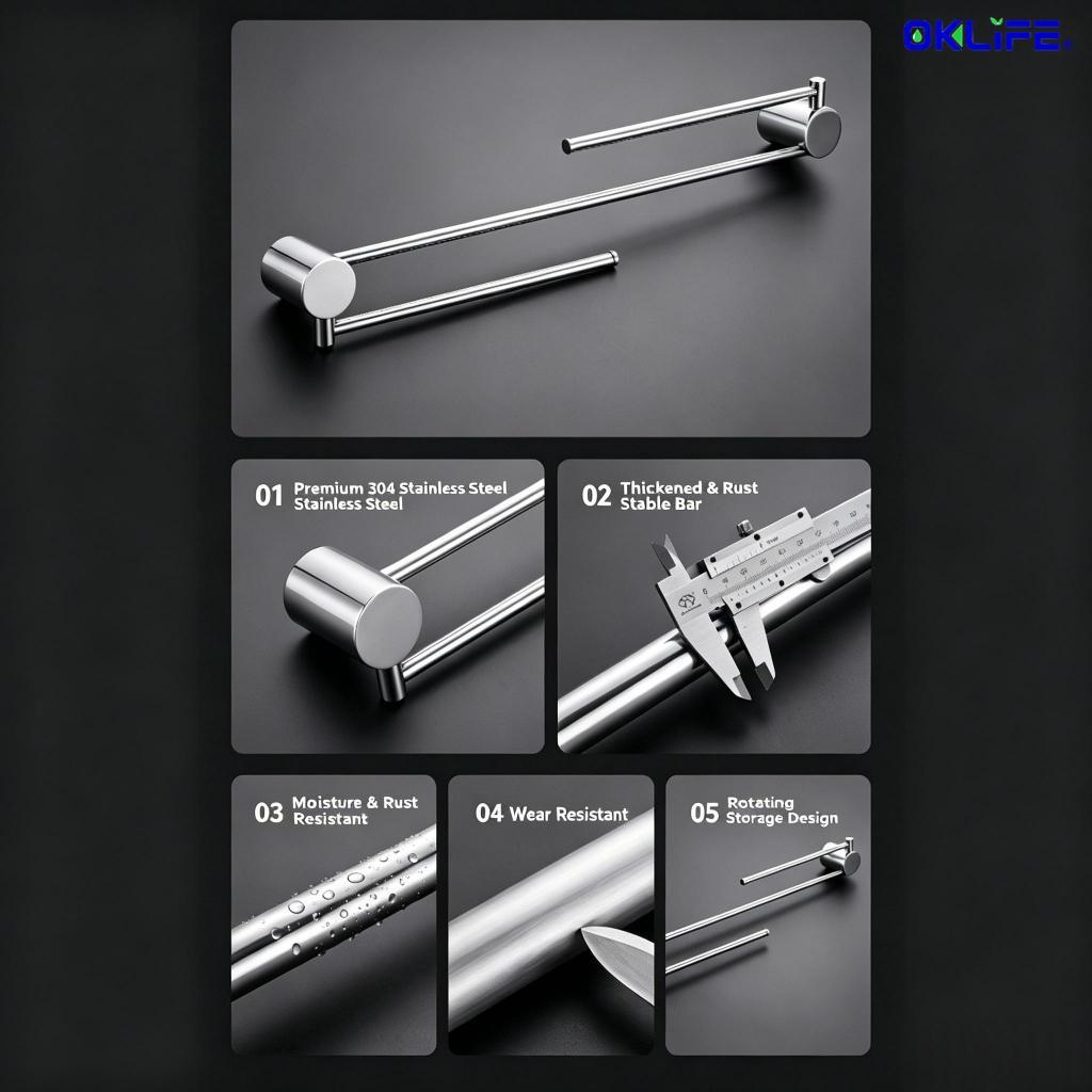 Wall Mount Double Towel Bar 180° Rotatable Swivel Stainless Steel Towel Rack for Bathroom Organizer view 7