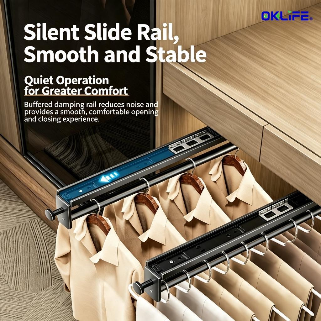 Closet Retractable Pull‑out Hanging Rod Cabinet Top Mount Clothes Hanger Wardrobe Storage Organizer view 6