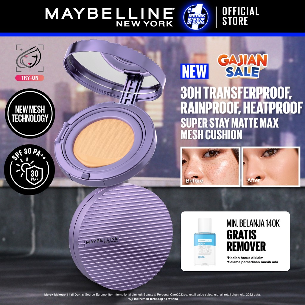 [BARU] MAYBELLINE OFFICIAL Super Stay Matte Max 30H Mesh Cushion Full Coverage SPF 30 Pa+++ Anti Badai Super Matte Finish Non-Oxidizing Waterproof Heatproof