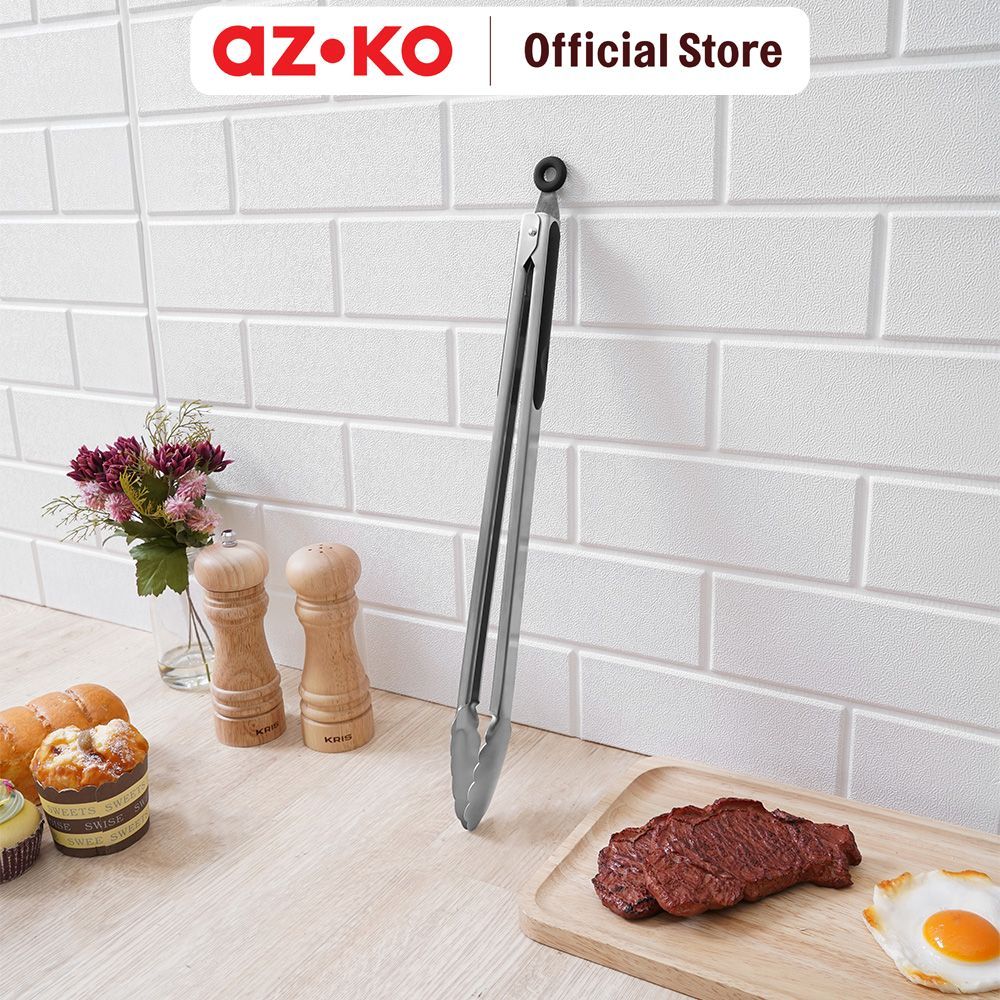 AZKO Culinart 44 cm Penjepit Makanan Stainless Steel 430 - Silver/Hitam Tongs Capitan Makanan Serbaguna Alat Penjepit Gorengan Food Grade Peralatan Masak Perlengkapan Dapur - Gambar 3