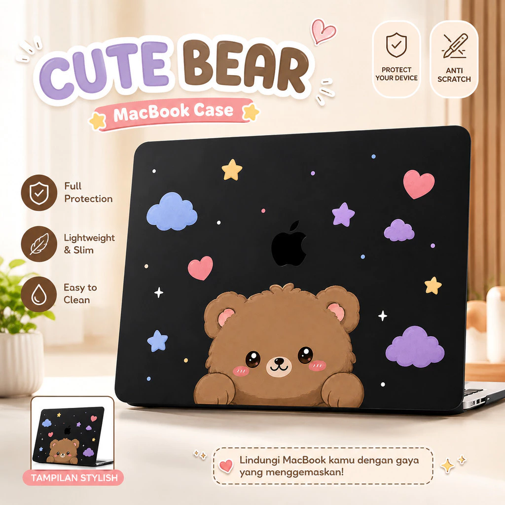 MacBook Case Neo 13 Cartoon Bear Dino Rabbit Capybara Cute Aesthetic Pelindung Mac Stylish Slim Anti Gores Full Protection - Gambar 2