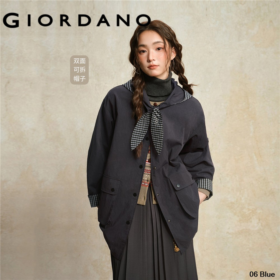 GIORDANO WOMEN plaid patchwork mid-length hooded trench coat