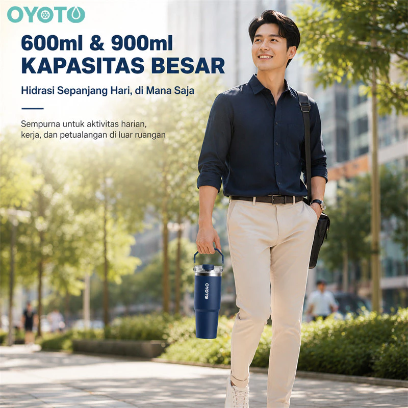 OYOTO Tumbler Gelas Termos Tumbler Stainless Portable Bottle Dua Lapisan Insulasi Kapasitas 900ml With Handle Travel - Gambar 2