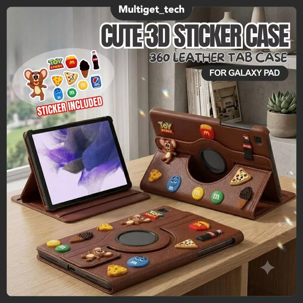 Case Samsung Tab A11+ 11" S6Lite 10.4" A8 10.5" A9 8.7" A7LITE 8.7" Leather PU 360° Rotate Motif Jerry Mouse 3D Cute Sticker Multi Angel Easy Clean
