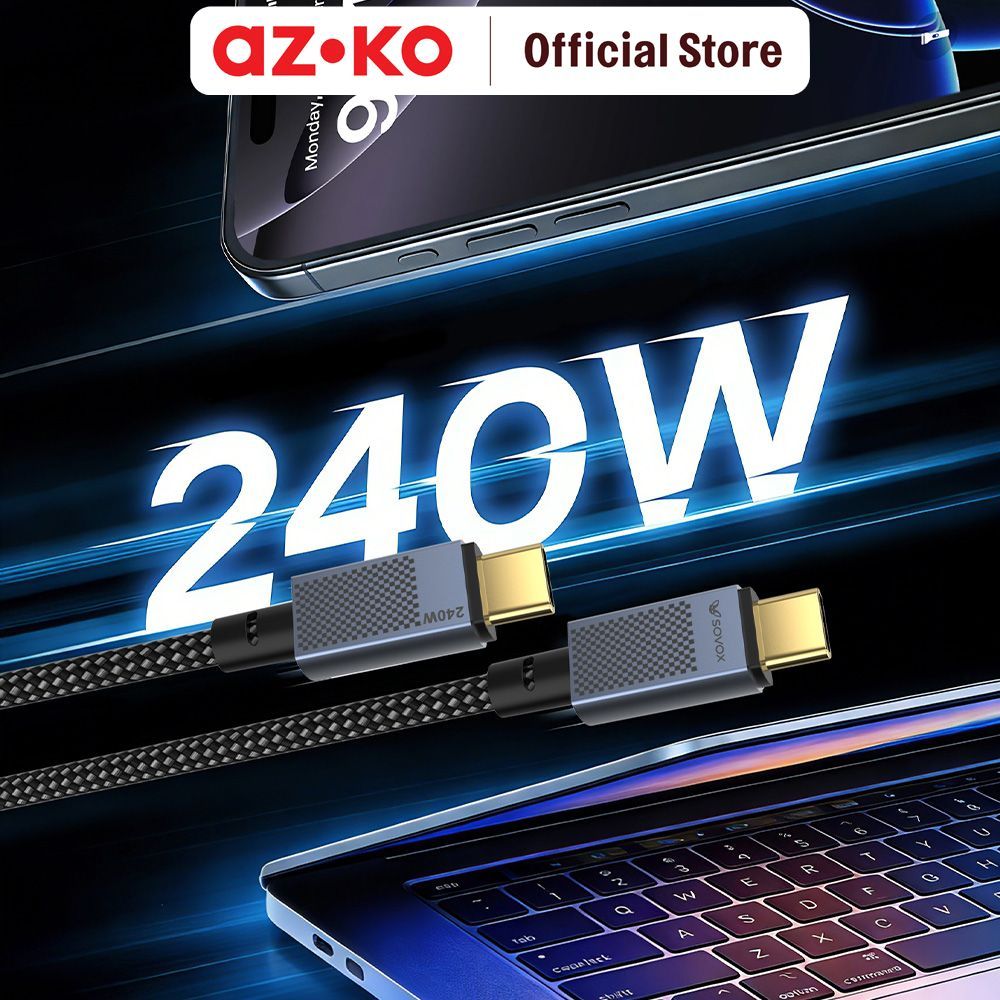 AZKO Sovox Kabel Charger Type-C To Type-C 240 Watt 1.2 Meter - Hitam Fast Charging Kabel HP Braided Cable Aksesoris Gadget Pengisi Daya - Gambar 3