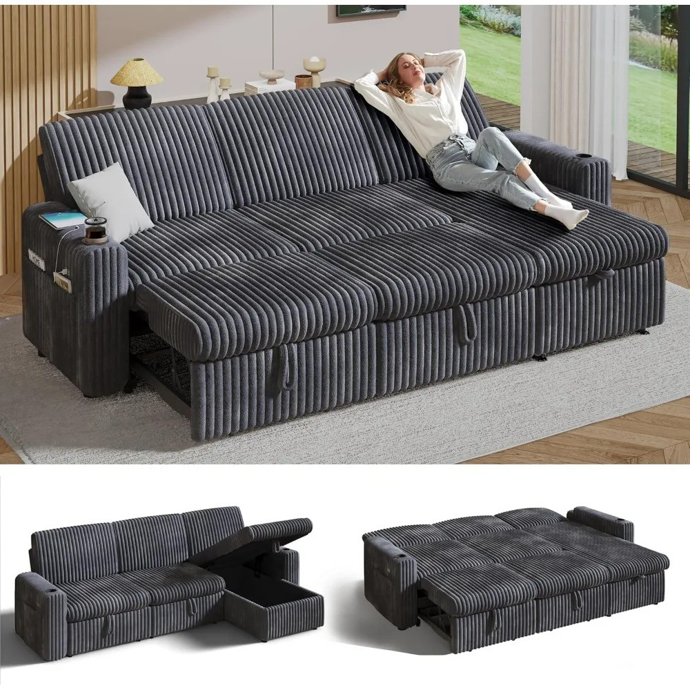 101” Sectional Sleeper Sofa Bed With Pull Out Bed, L Shaped Couch ...