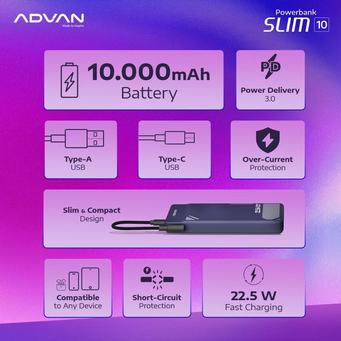 ADVAN SLIM 10 / SLIM-10 Powerbank 10000 mAh Fast Charging 22.5W Type-C and Type-A Power Delivery 3.0 Over-Current Protection Short-Circuit Protection Slim Compact Design - Gambar 3