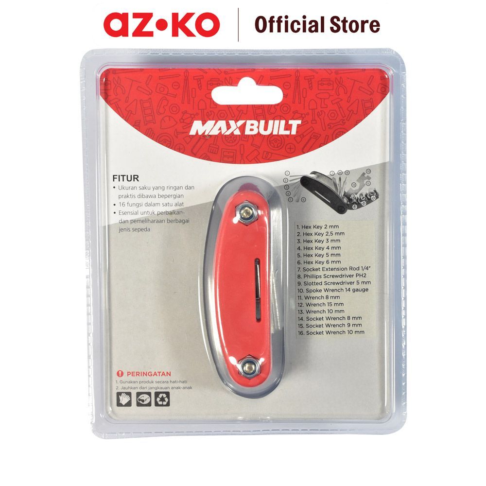 AZKO Maxbuilt Toolset Sepeda Multifungsi 16 In 1 - Hitam/Merah Toolset Bike Obeng Lipat Saku Pocket Tool - Gambar 2