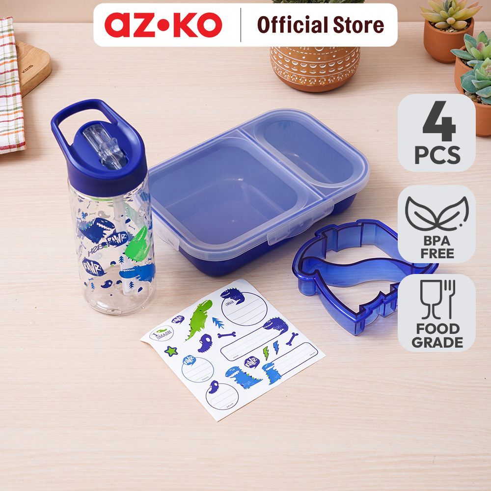 AZKO Smash Set 4 Pcs Kotak Makan Anak 2 Sekat Dino Days - Biru Kids Bento Lunch Kit Set Kotak Makan Dan Botol Minum Bpa Free Peralatan Makan Food Grade Wadah Bekal Makanan Lucu