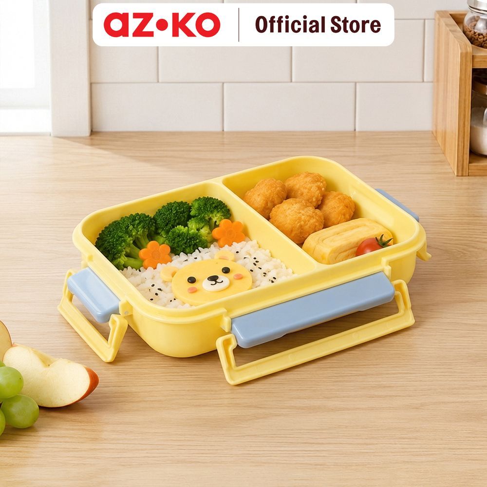 AZKO Picas Kotak Makan Plastik 2 Sekat Dengan Sendok 1.1 Liter Bento Box Meal Container Tempat Bekal Lunch Box Kotak Bekal - Gambar 2