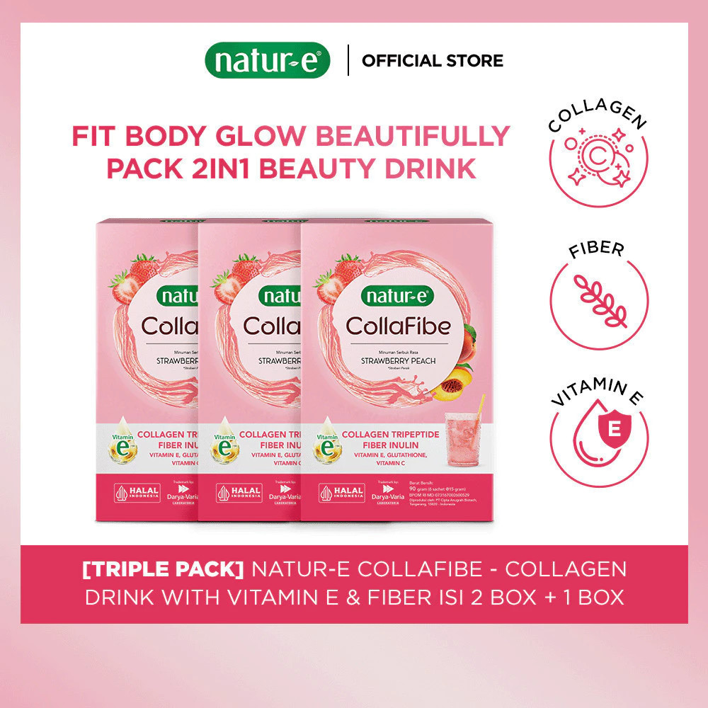 Natur-E Triplepack CollaFibe - Collagen Drink with Vitamin E & Fiber 3 Box - Gummy dengan Collagen, Vitamin E & Biotin - Membantu Menjaga Kesehatan Kulit dari Dalam