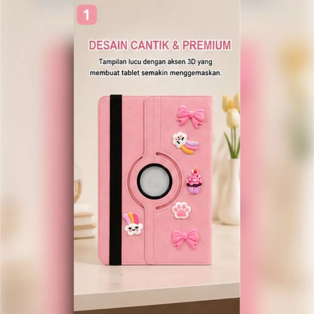 360 Leather 3D Rabbit Pink Lucu Samsung A11+ 11" S6Lite 10.4" A8 10.5" A9 8.7" A7LITE 8.7" 3D Sticker Flip Cover Rotary - Gambar 4