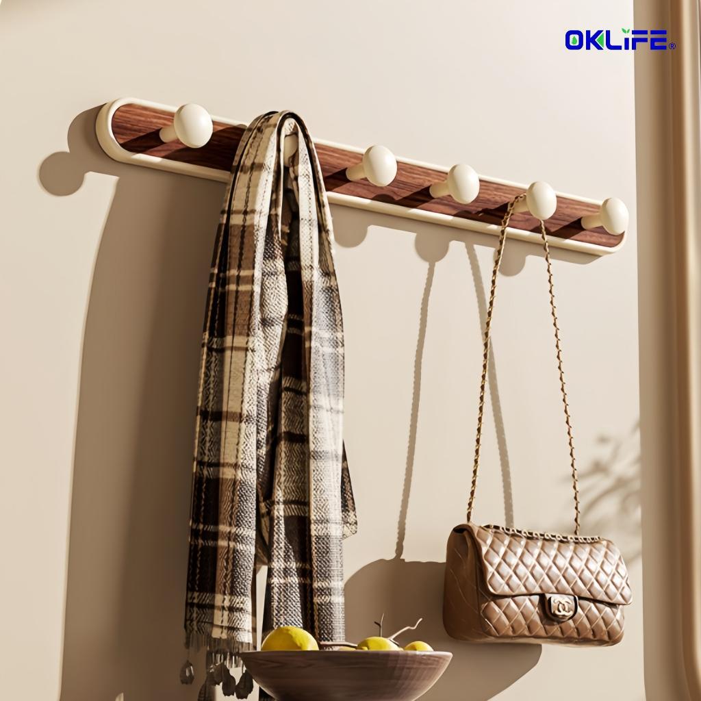 Home Wall Organizer Hook Rack Wood Grain No‑Punch Adhesive Wall Hanger for Entryway Daily Items alternate view
