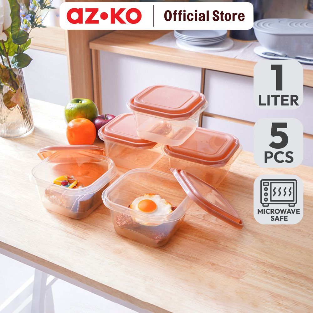 AZKO Picas 1 ltr Set 5 Pcs Milly Wadah Makanan Square - Pink Coral Food Container Kotak Makan Food Grade Serbaguna Tempat Makanan Food Storage Kitchenware