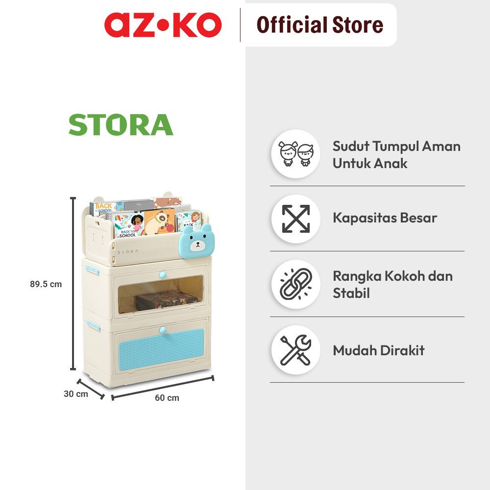 AZKO Stora Rak Buku Anak Dengan 2 Laci Bear - Biru Bookshelf Susun Rak Bacaan Shelf Buku Lemari Buku - Gambar 3
