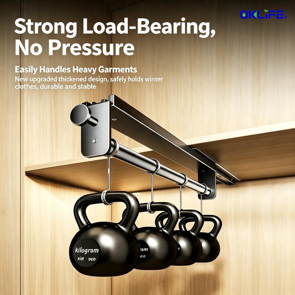 Closet Retractable Pull‑out Hanging Rod Cabinet Top Mount Clothes Hanger Wardrobe Storage Organizer view 3