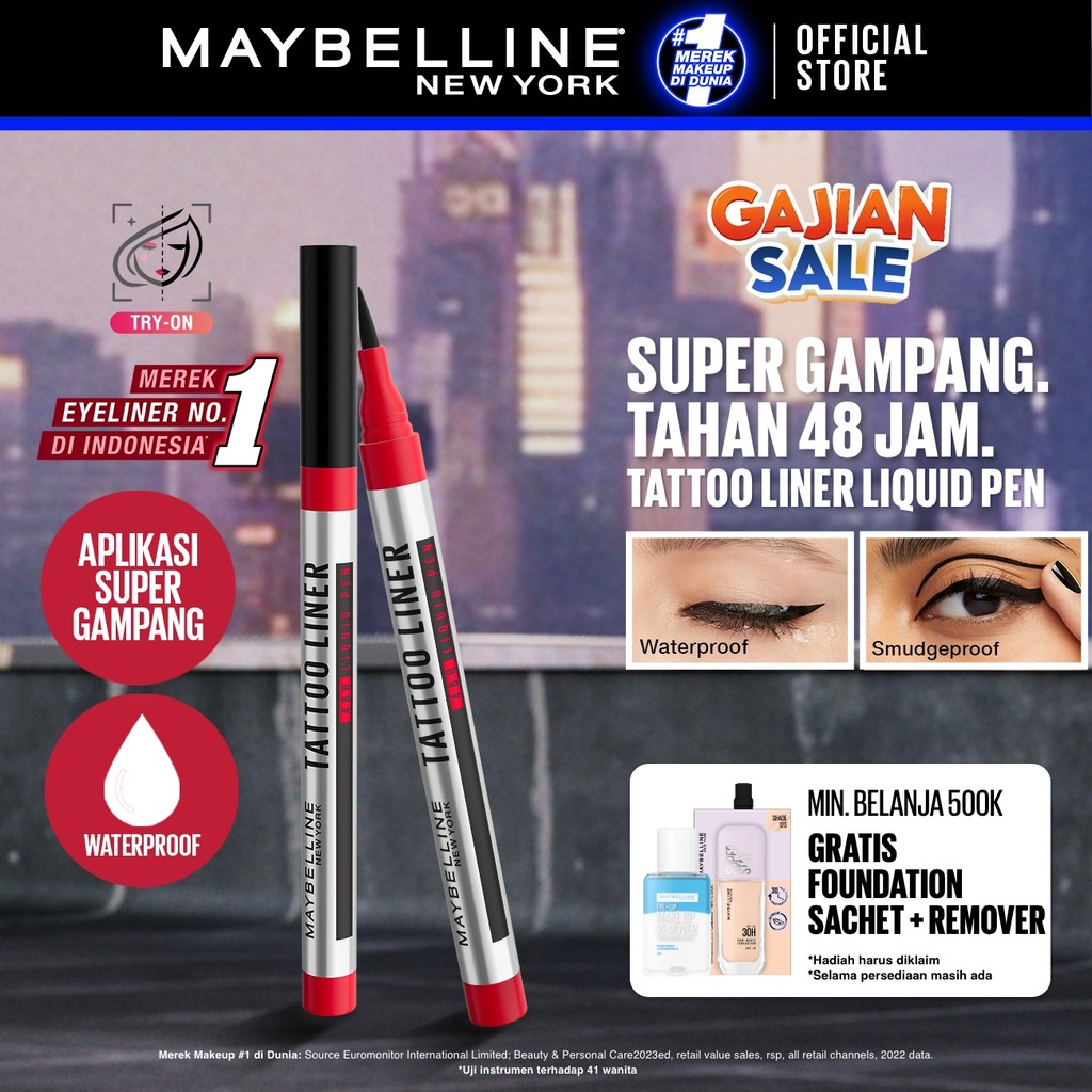 MAYBELLINE OFFICIAL Tattoo Liner 48H Liquid Pen Eyeliner Waterproof Make up Line Tattoo High Impact Tahan Lama 48 Jam Hitam Superstay Matte Vinyl Ink