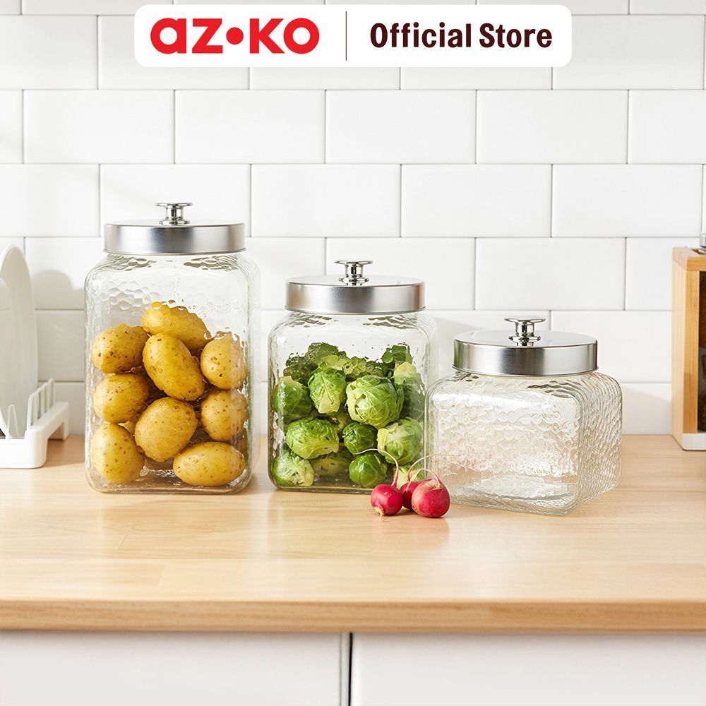 AZKO Culinart Stoples Kaca Set 3 pcs Transparan Toples Jar Food Container Setoples Wadah Penyimpanan Kedap Udara