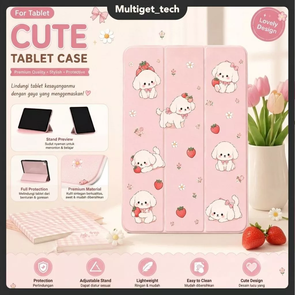Case Bear Ribbon Silicone Matte Samsung Tab A11+ A9+/A9/A11/A7 S6Lite/A8 /S9 S9 FE Casing Dog Strawberry Cute Flip Magnetic