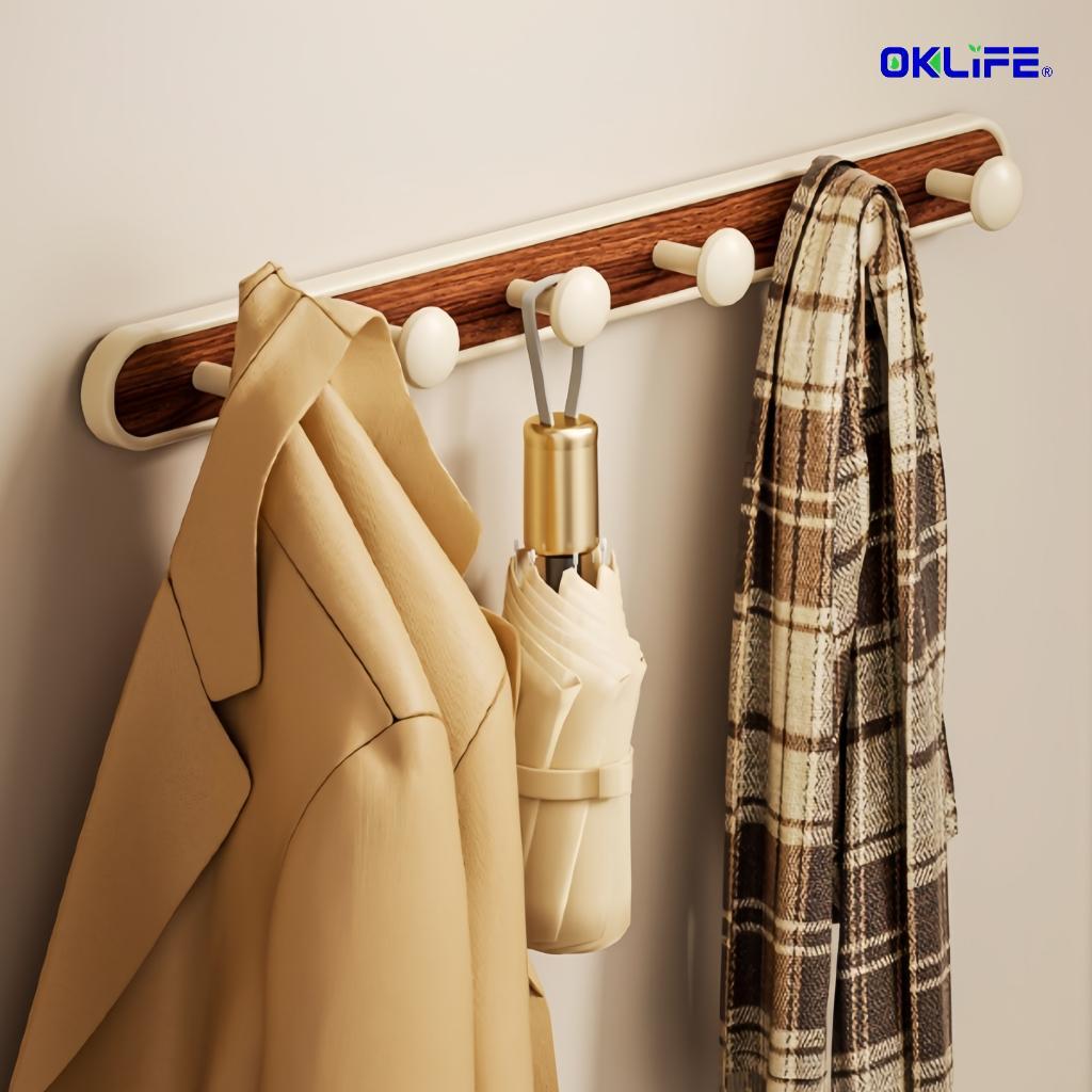 Home Wall Organizer Hook Rack Wood Grain No‑Punch Adhesive Wall Hanger for Entryway Daily Items view 3