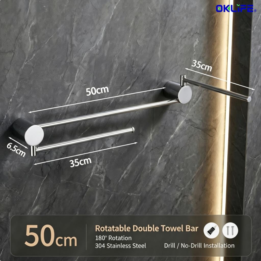 Wall Mount Double Towel Bar 180° Rotatable Swivel Stainless Steel Towel Rack for Bathroom Organizer view 11
