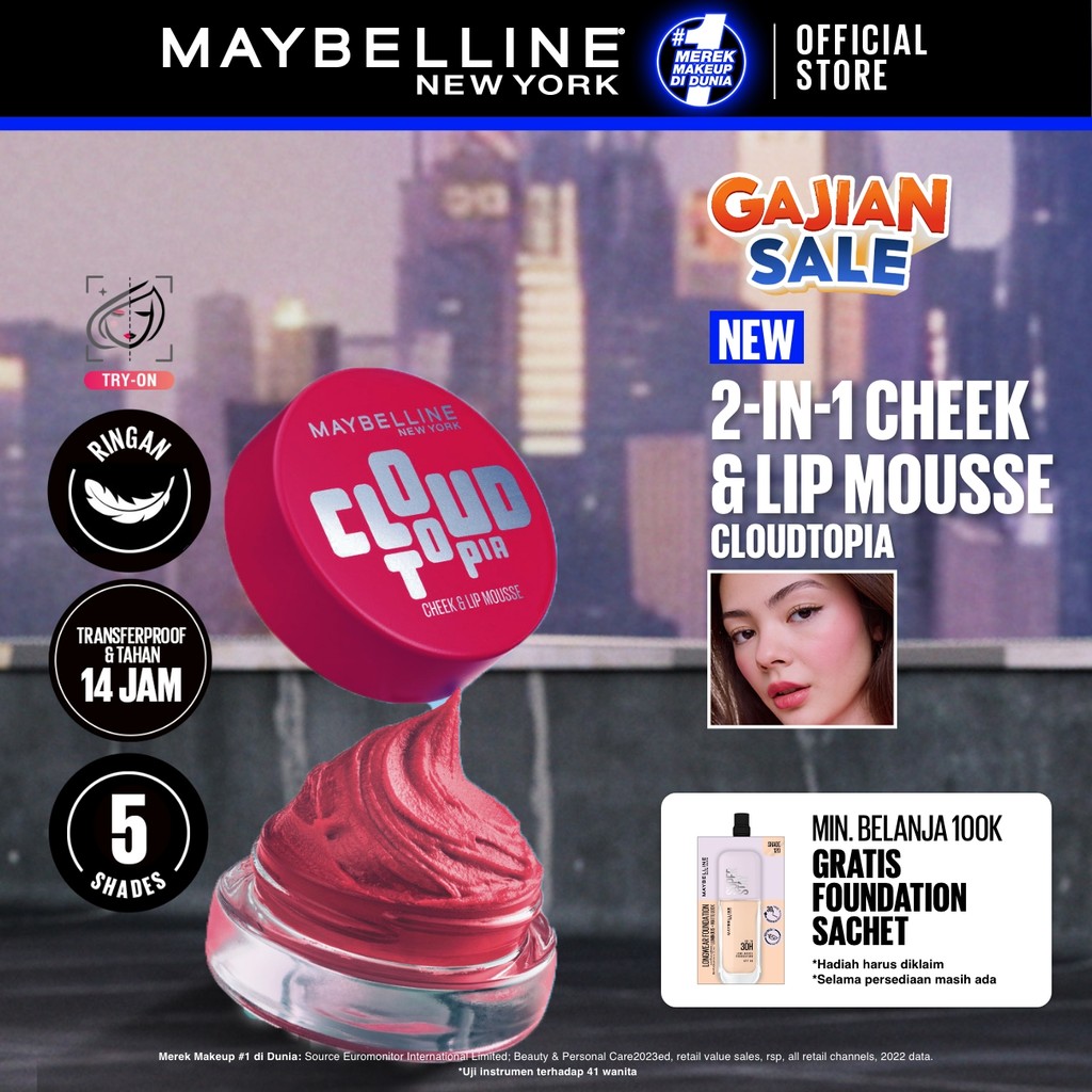 [MAYBELLINE OFFICIAL] Cloudtopia Cheek & Lip Mousse Shade 03 - Tahan 14 Jam 2-in-1 multi use blush lipstick lipcream instant color matte transferproof pigmented blendable