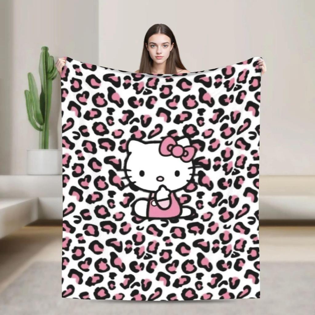 Hello Kitty Leopard Print Throw Blanket Super Warm Flannel Textile for ...