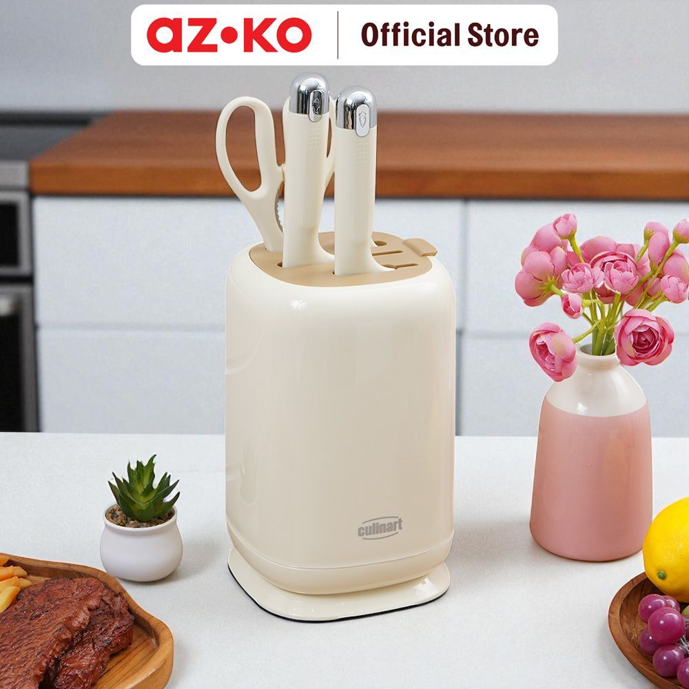 AZKO Culinart Set 5 Pcs Pisau Dan Gunting Dengan Blok Penyimpanan Putih Knife And Cooking Utensils Set Peralatan Memasak Food Grade Perlengkapan Dapur