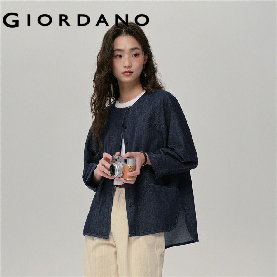 GIORDANO WOMEN Crewneck 3/4 sleeve washed denim jacket 18375203