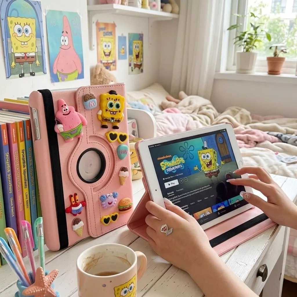 Case Leather 3D Spongebob iPad Gen 11th 11" Gen 10 10.9" Air 4/5/6 10.9" Pro 11 Inch Mini 1 2 3 4 5 6 7 360° Rotating Stand Shockproof Cute Cover - Gambar 3