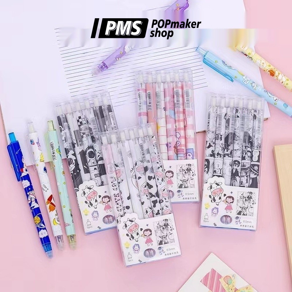 PoPmaker shop set pulpen mekanik isi 6 karakter lucu warna warni imut tinta gel halus untuk belajar anak remaja H643 COD - Gambar 2