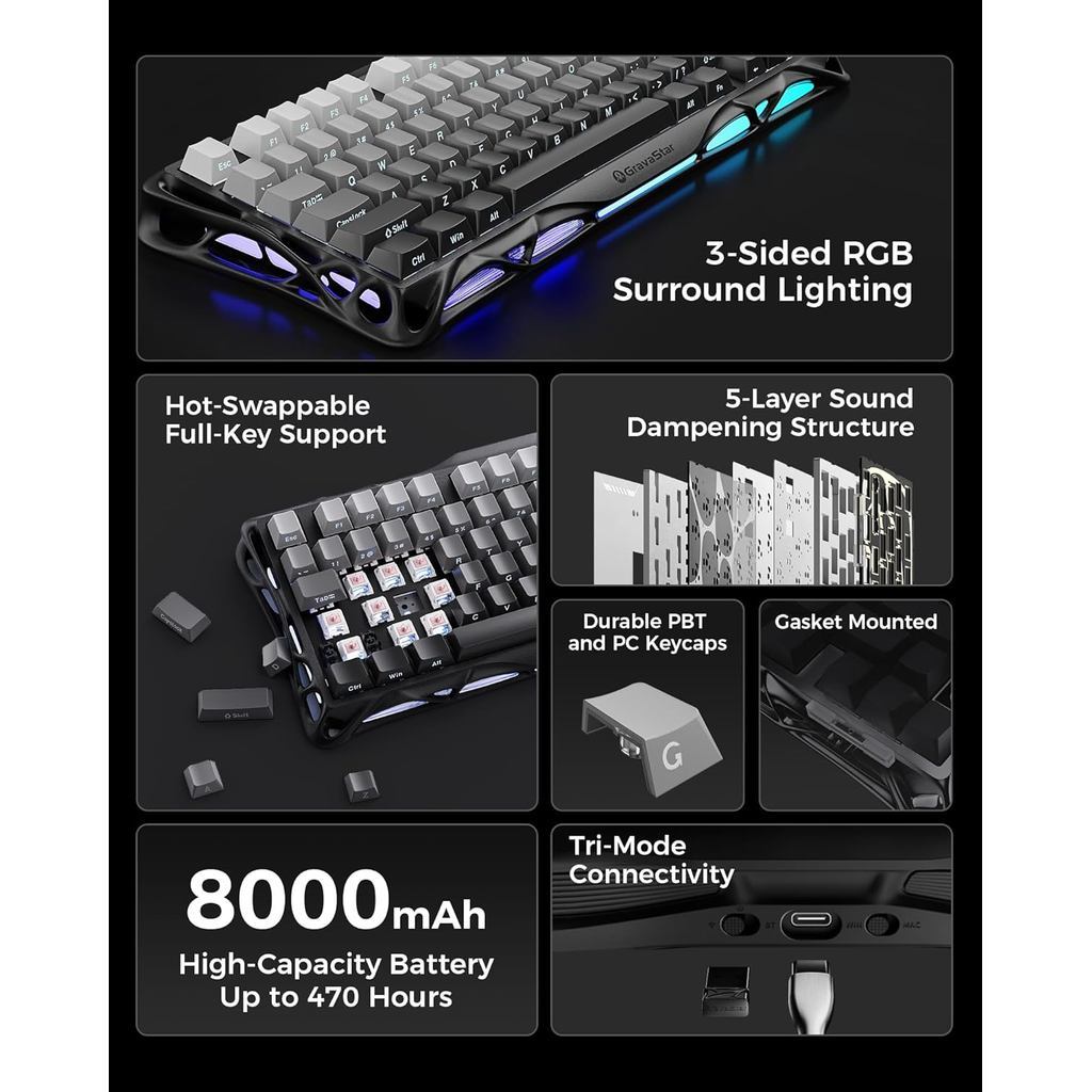 GravaStar Mercury K1 / K-1 75% Wireless Mechanical Gaming Keyboard RGB Backlit Gasket Mount Hot Swappable Linear Switches - Gambar 2