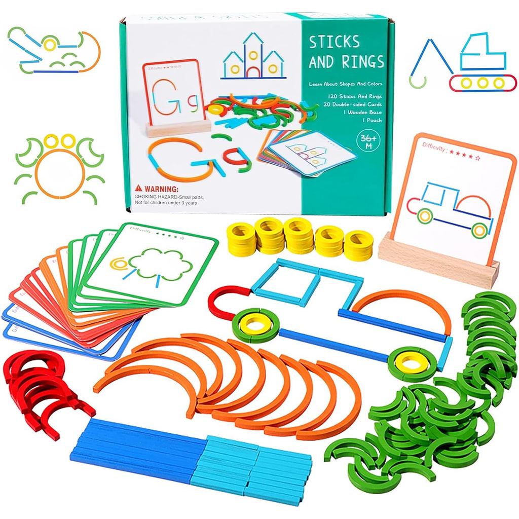 120-Piece Wooden Pattern Blocks Set with Sticks and Rings - Montessori ...