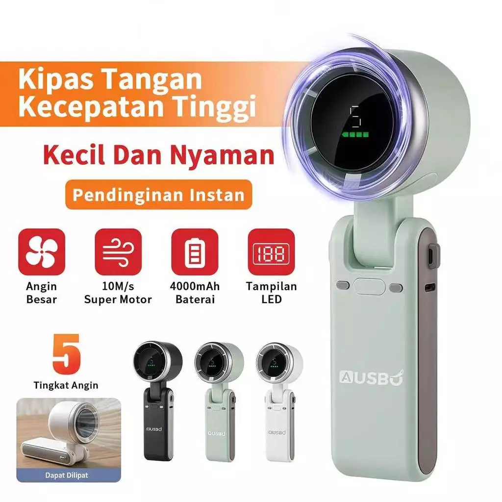 Kipas Angin Tampilan Digital LED 5 Speeds Adjustable Pendinginan Cepat Strong Foldable Neck Hanging