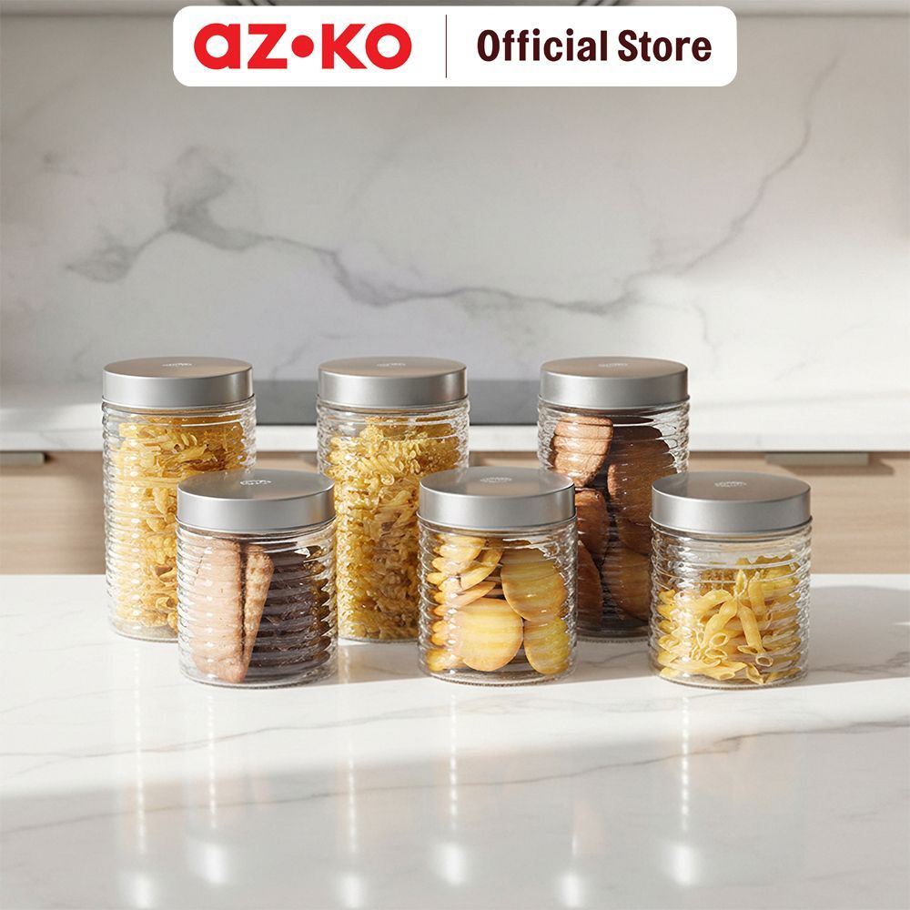 AZKO Culinart Stoples Kaca Dengan Tutup Putar Set 6 pcs Transparan - Silver Toples Jar Food Container Setoples Wadah Penyimpanan Kedap Udara