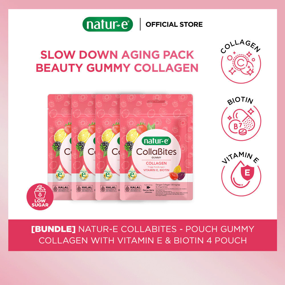 Natur-E Paket CollaBites Pouch Gummy Collagen 4 Pouch - Gummy dengan Collagen, Vitamin E & Biotin - Membantu Menjaga Kesehatan Kulit dari Dalam