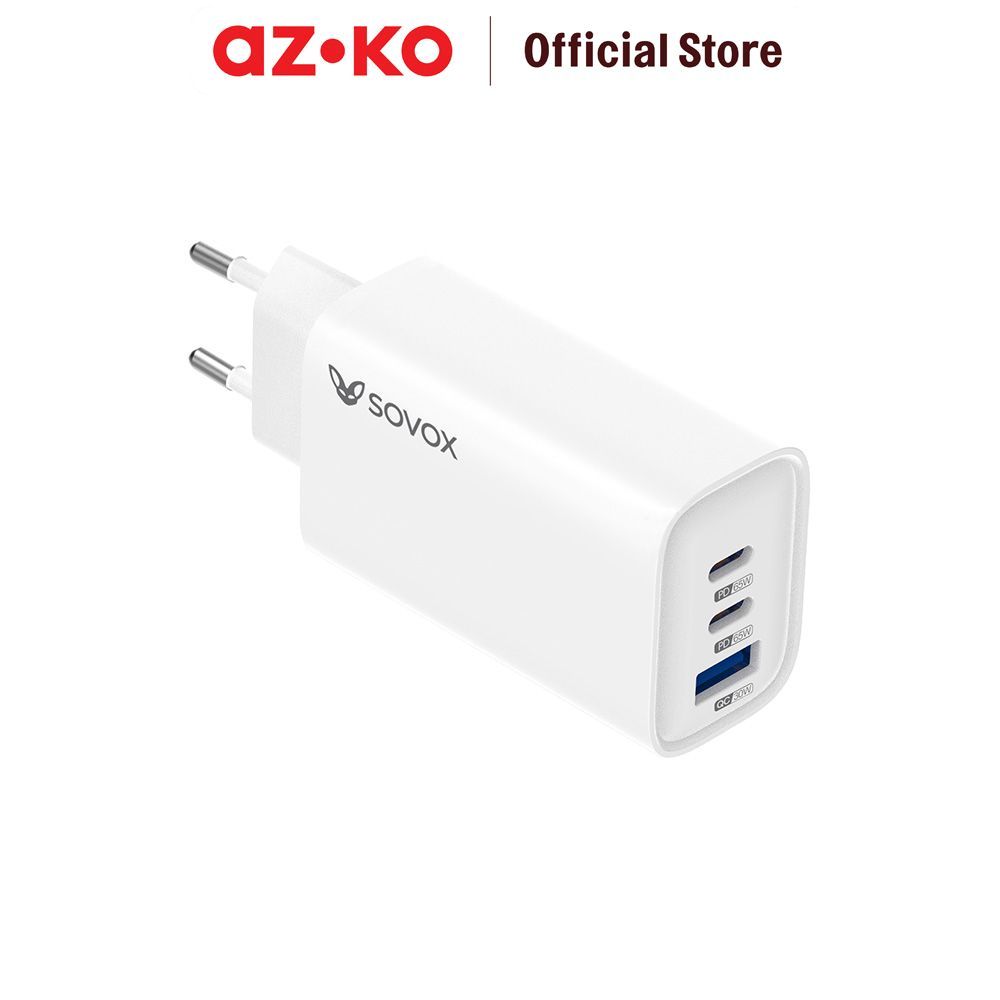 AZKO Sovox Kepala Charger 65 Watt 1 USB Type-A & 2 Type-C Dengan Kabel 1 Meter - Putih Adaptor Fast Charging Charger Set Kabel Travel Charger Pengisi Daya