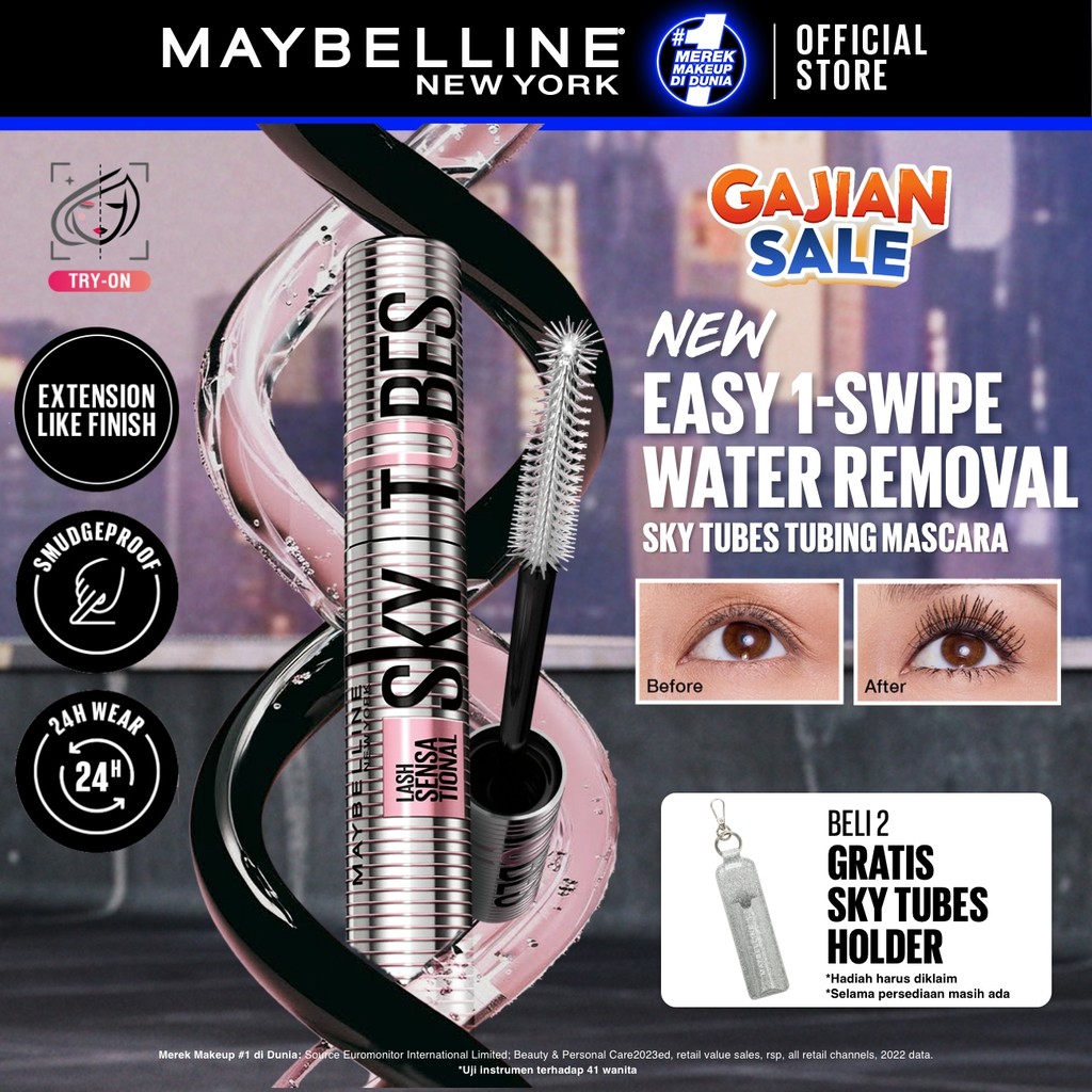 [BARU] MAYBELLINE OFFICIAL Sky Tube Tubing Mascara Easy 1-Swipe Water Removal Extention-Like Finish Tahan 24 Jam Smudgeproof Mudah Dibersihkan