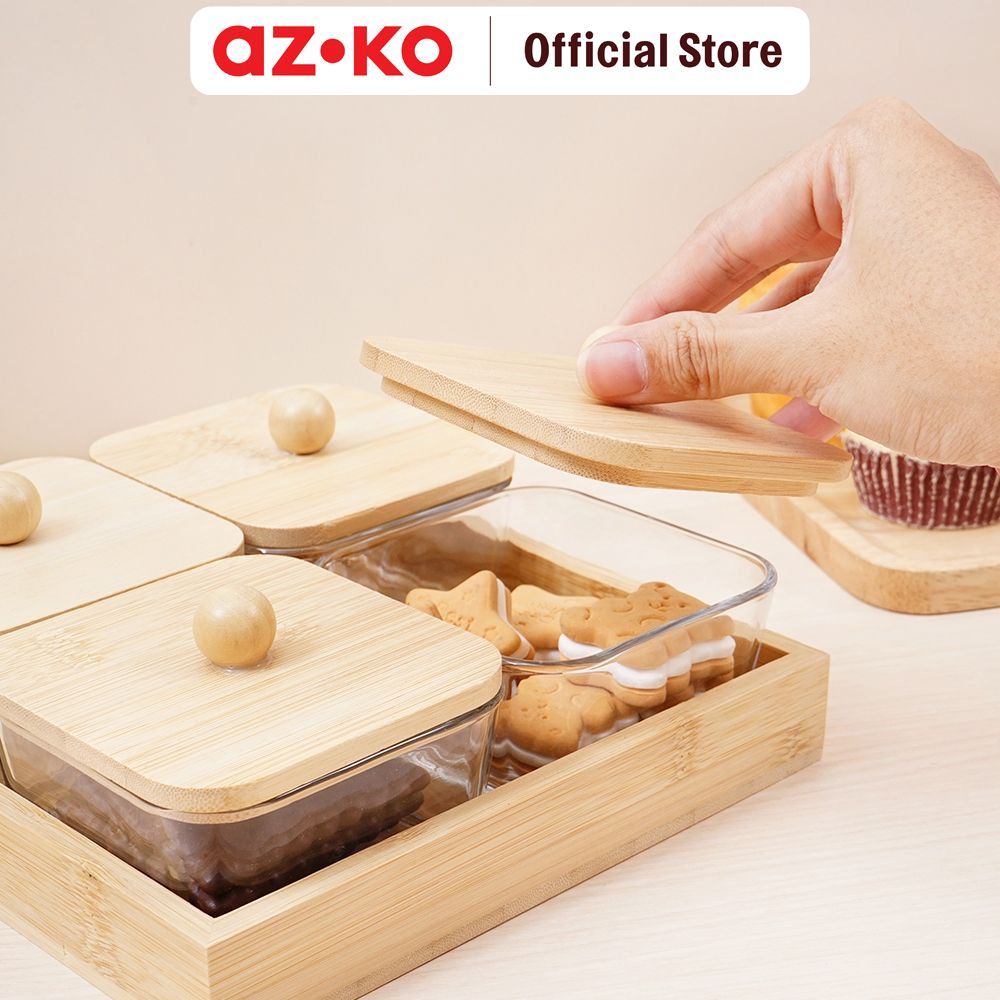 AZKO Culinart Stoples Kaca Camilan Dengan Nampan - Cokelat Glass Storage Jar Food Canister Pantry Container Glass Jar Toples Penyimpanan - Gambar 3