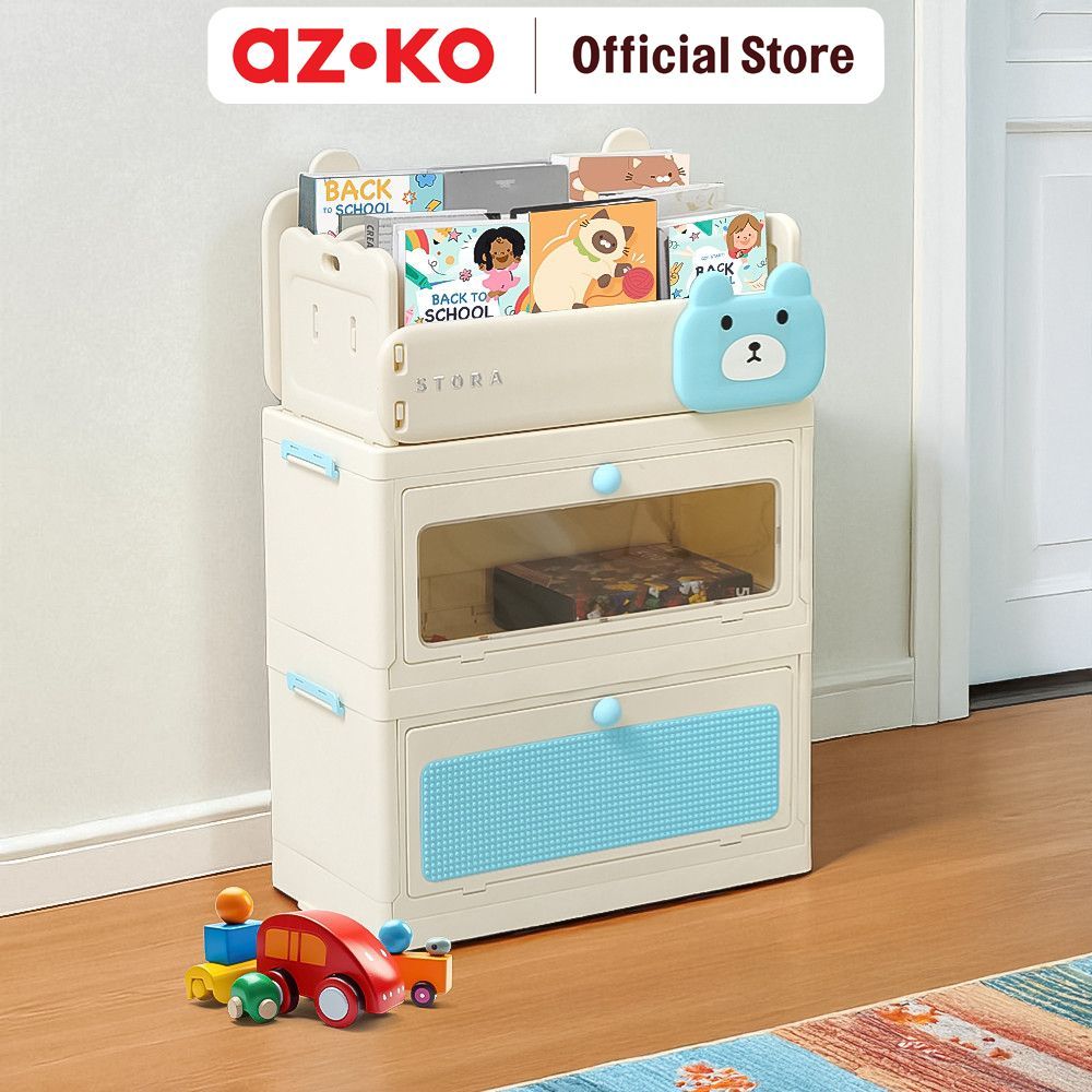 AZKO Stora Rak Buku Anak Dengan 2 Laci Bear - Biru Bookshelf Susun Rak Bacaan Shelf Buku Lemari Buku - Gambar 2