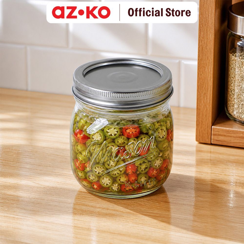 AZKO Culinart Mason Stoples Kaca Dengan Tutup Half Wide 480 ml Transparan Jar Kedap Wadah Lock Toples Rapat Kontainer Lock