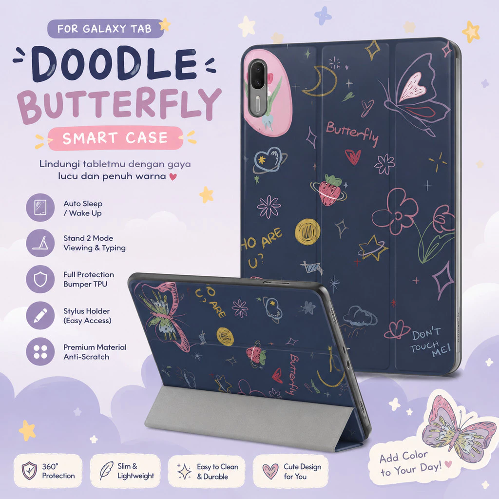 Case Butterfly Doodle For Samsung A11+ A9/A11 8.7" S10 Lite S9 FE S8 S7 S6 11" A7 LITE 8.7" Smart Cover Trifold Autolock - Gambar 4