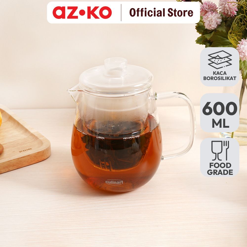 AZKO Culinart Teko Teh Kaca Borosilikat Round 600 ml Transparan Teapot Pot Teh Tea Server Teko Seduh