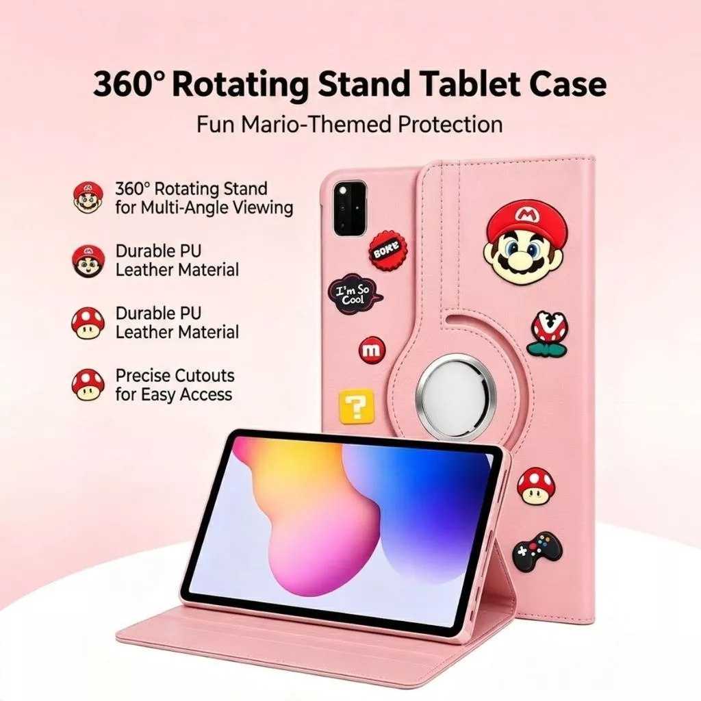 Case Samsung Tab A11+ 11" S6 Lite 10.4" A8 10.5" A9 PLUS 11" A7LITE 8.7" 360 Rotating Stand Karakter Mario Shockproof Cover Lipat Premium - Gambar 3